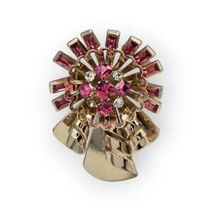 Pink Rhinestone Ribbon Bow Brooch Pendant Gold Tone Vintage Mid-Century Glamour